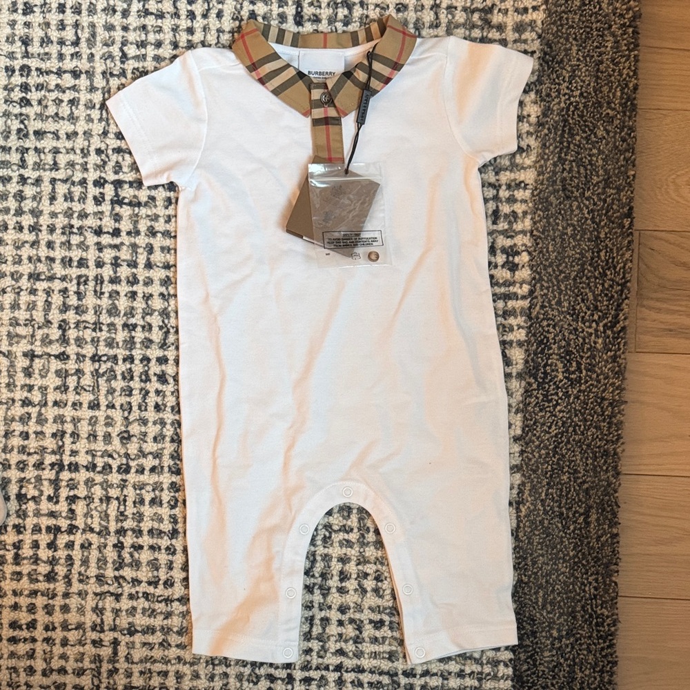 Burberry Cream Bodysuit with Tan Check Collar